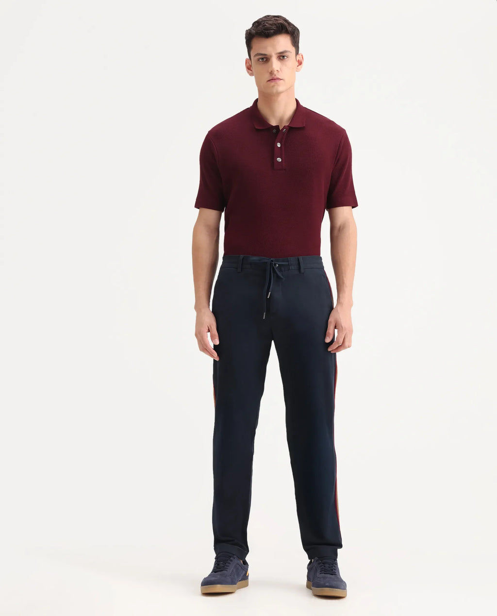 Rare Rabbit Men's Caloon Navy Linen Blend Plain Regular Fit Trouser