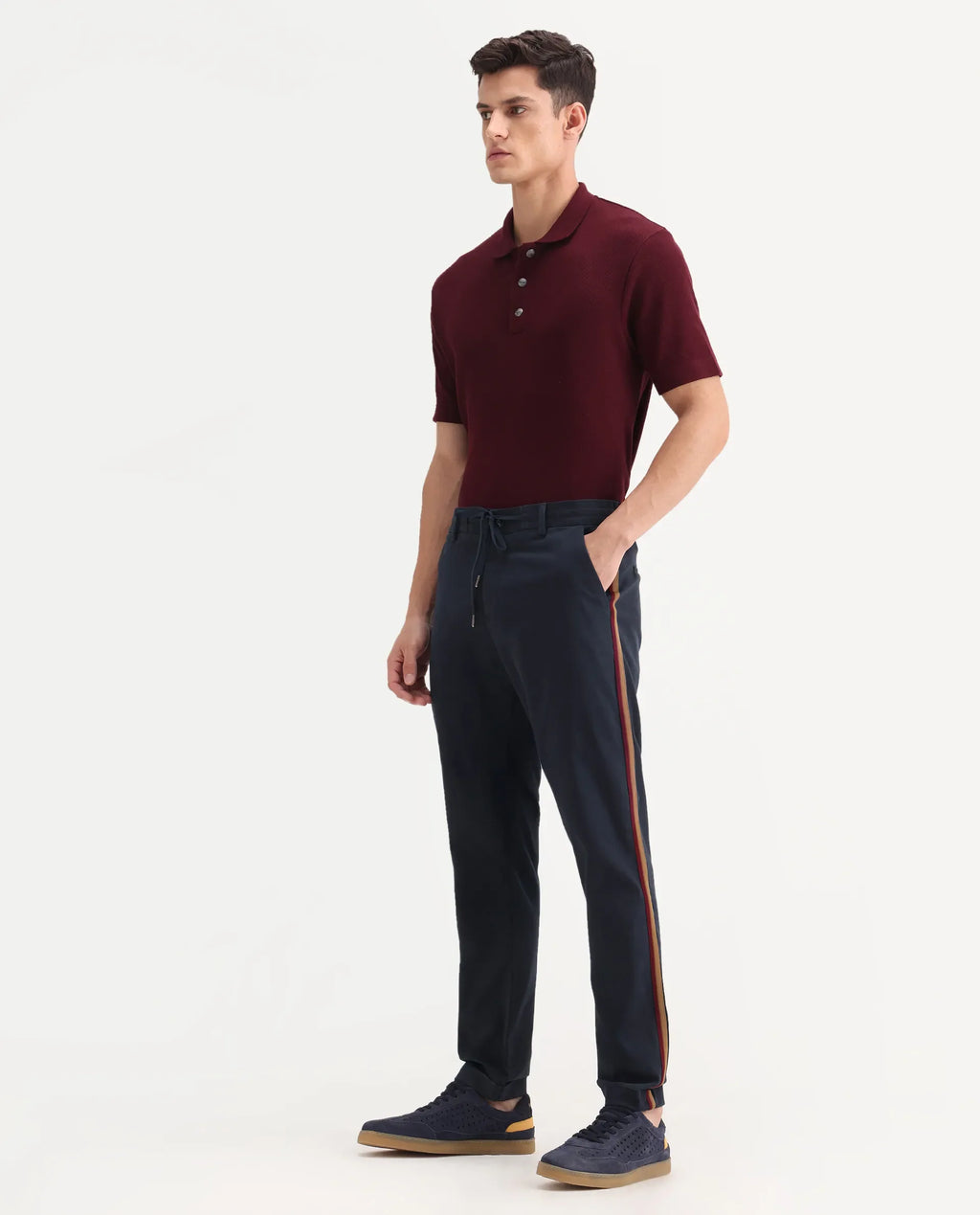 Rare Rabbit Men's Caloon Navy Linen Blend Plain Regular Fit Trouser