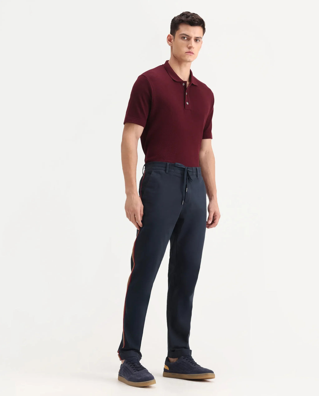 Rare Rabbit Men's Caloon Navy Linen Blend Plain Regular Fit Trouser