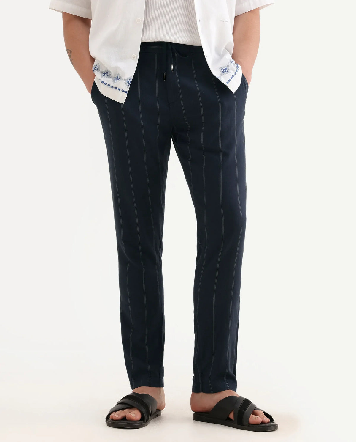 Rare Rabbit Men's Canal Navy Cotton Striped Print Regular Fit Trouser