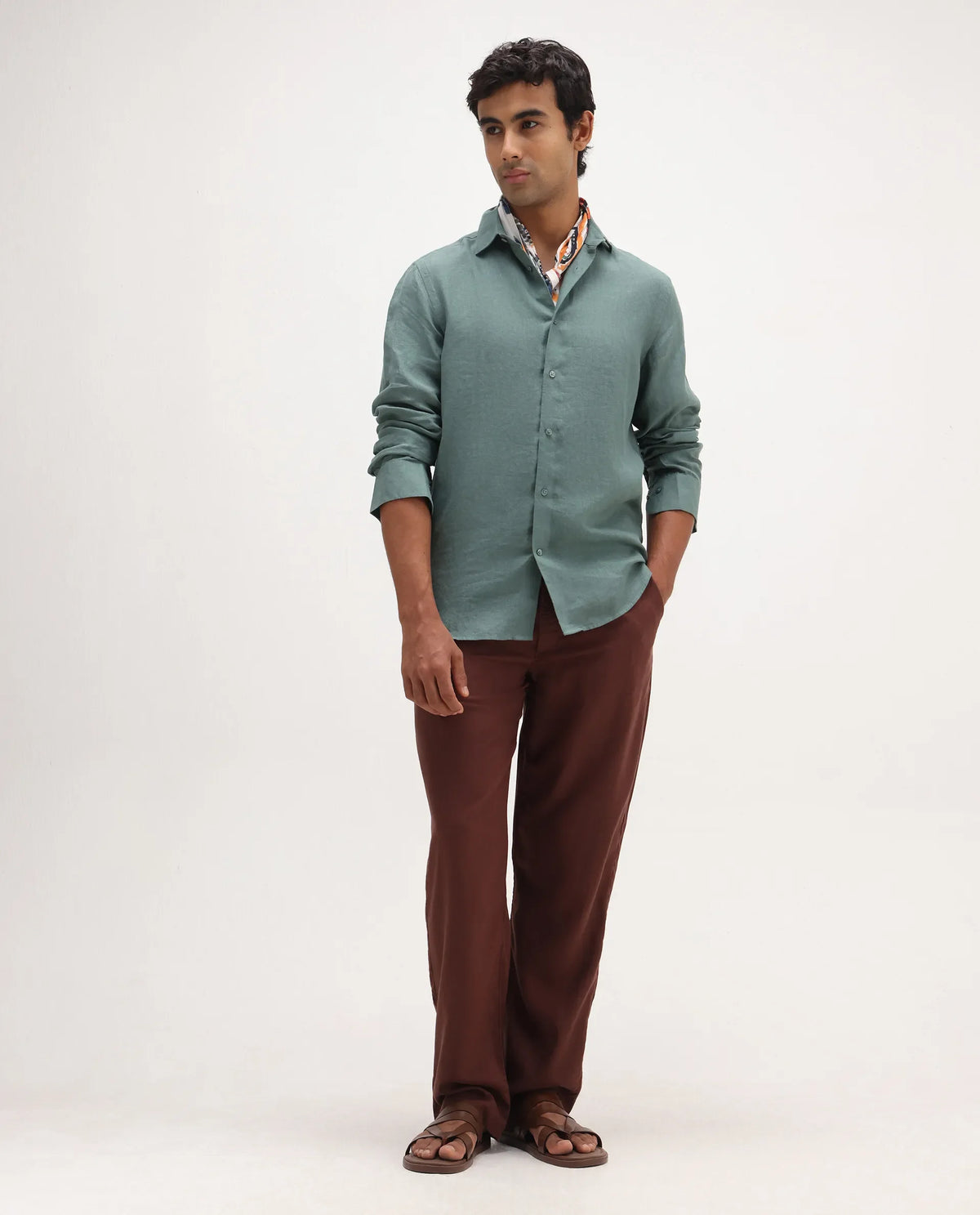 Rare Rabbit Men's Coft-B Brown Linen Blend Plain Loose Fit Trouser