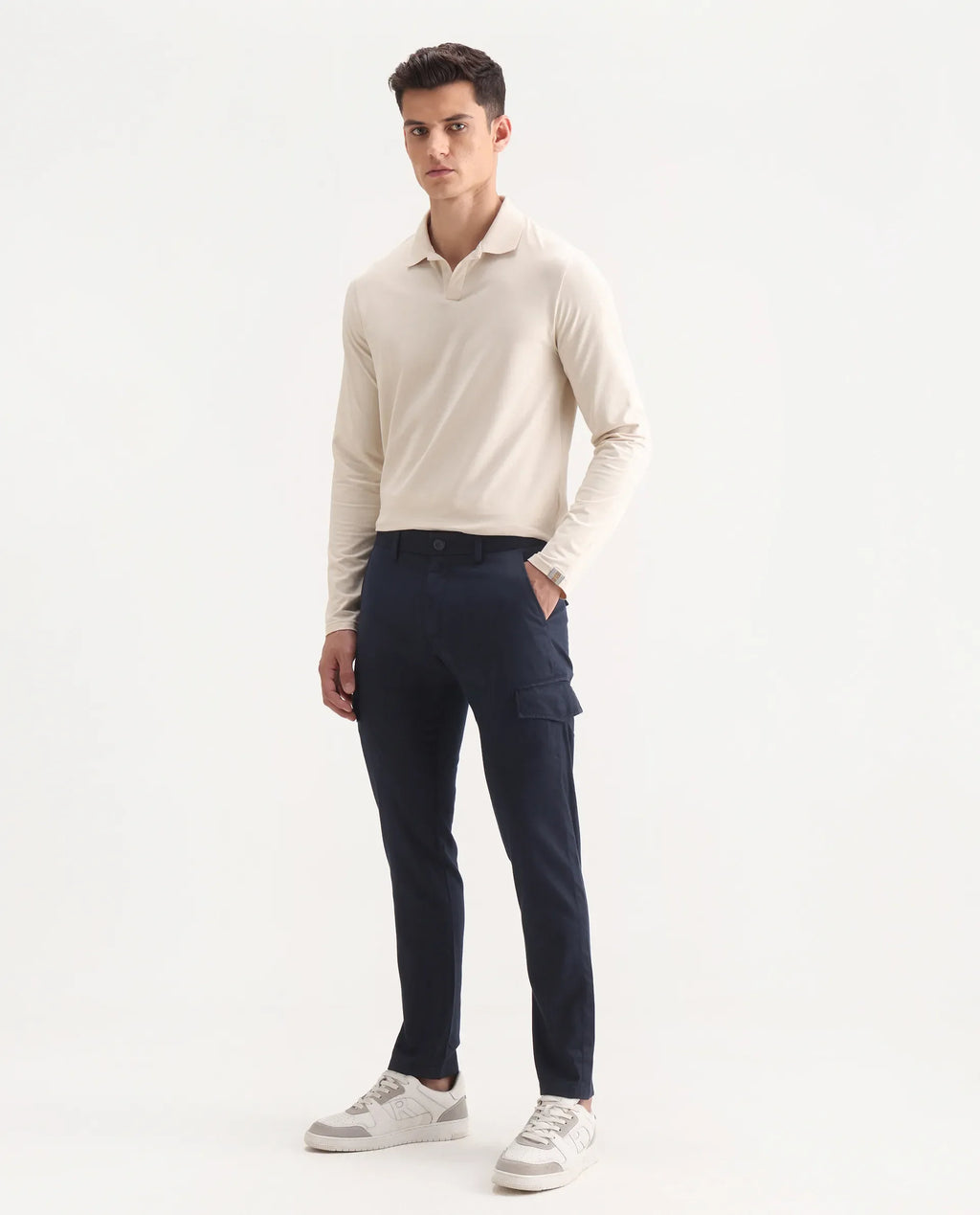 Rare Rabbit Men's Curo Navy Cotton Plain Regular Fit Trouser
