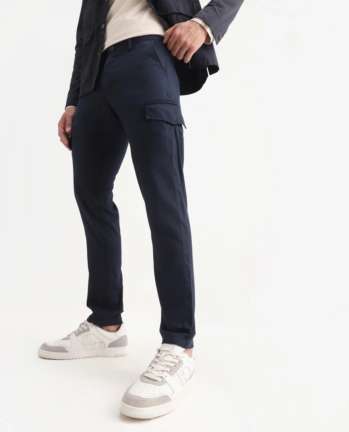 Rare Rabbit Men's Curo Navy Cotton Plain Regular Fit Trouser