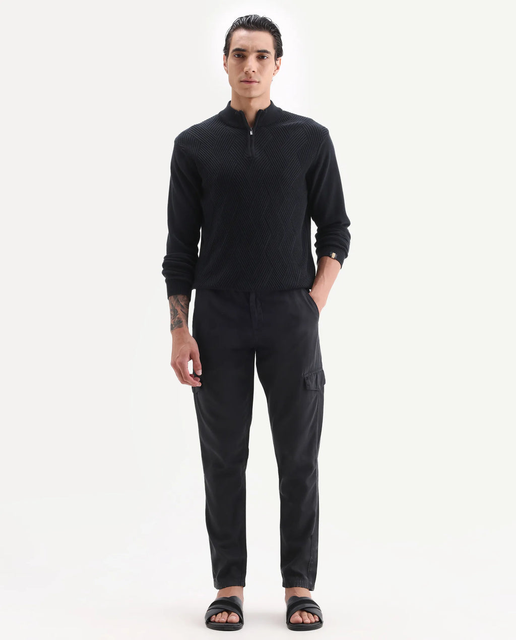 Rare Rabbit Men's Curon Black Cotton Plain Regular Fit Trouser