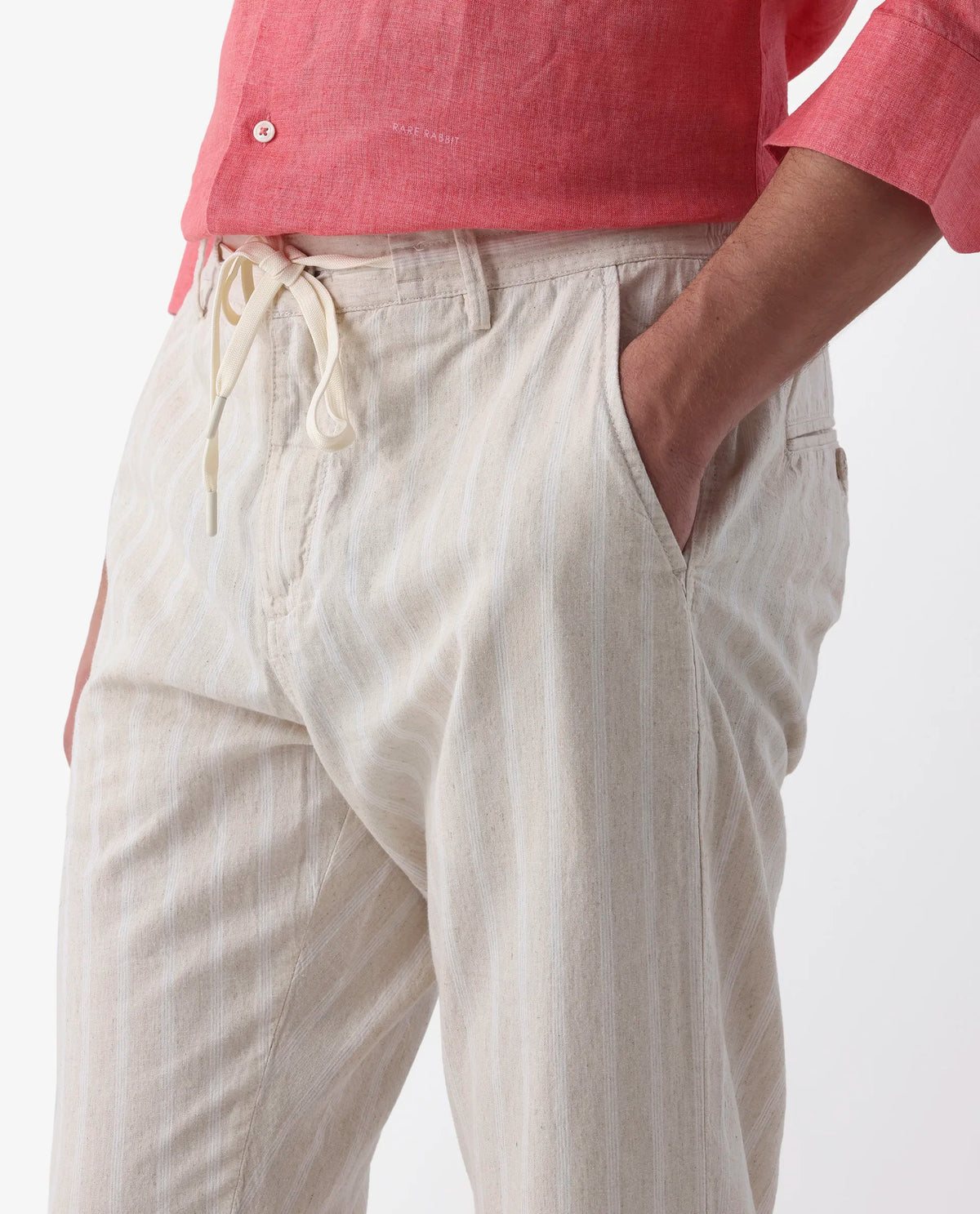Rare Rabbit Men's Dano Beige Linen Blend Striped Print Regular Fit Trouser