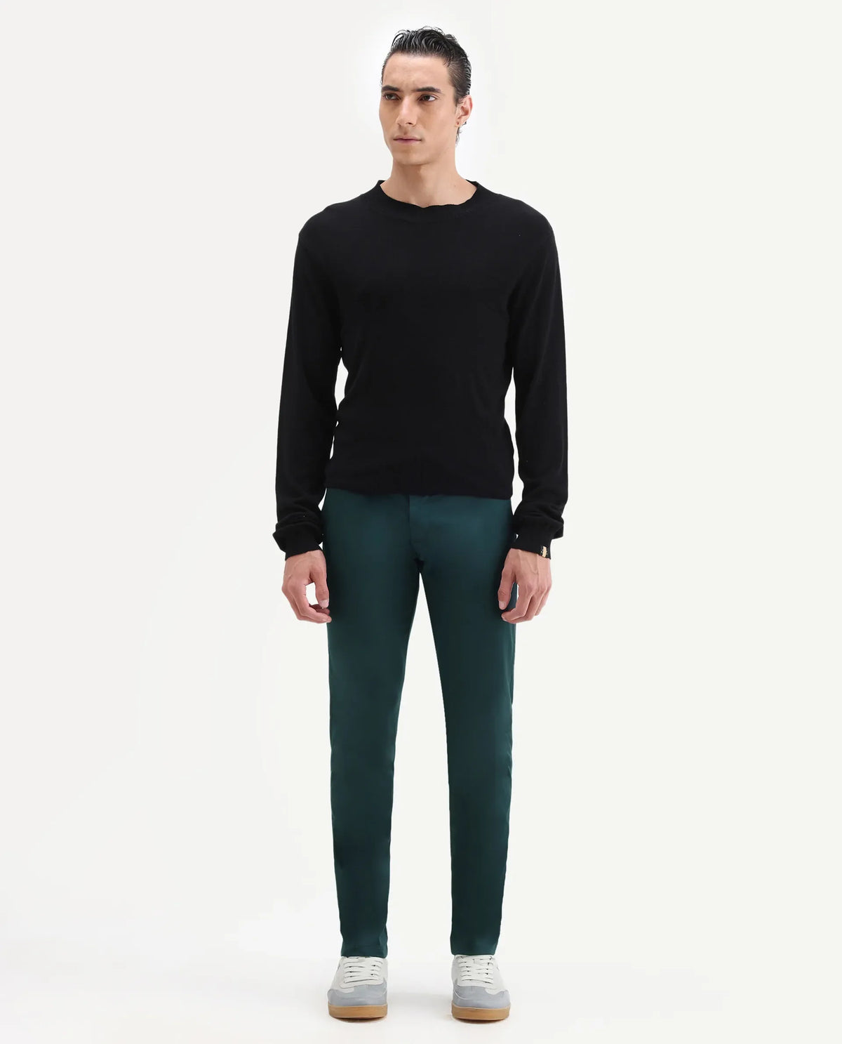 Rare Rabbit Men's Daron Petrol Cotton Plain Regular Fit Trouser