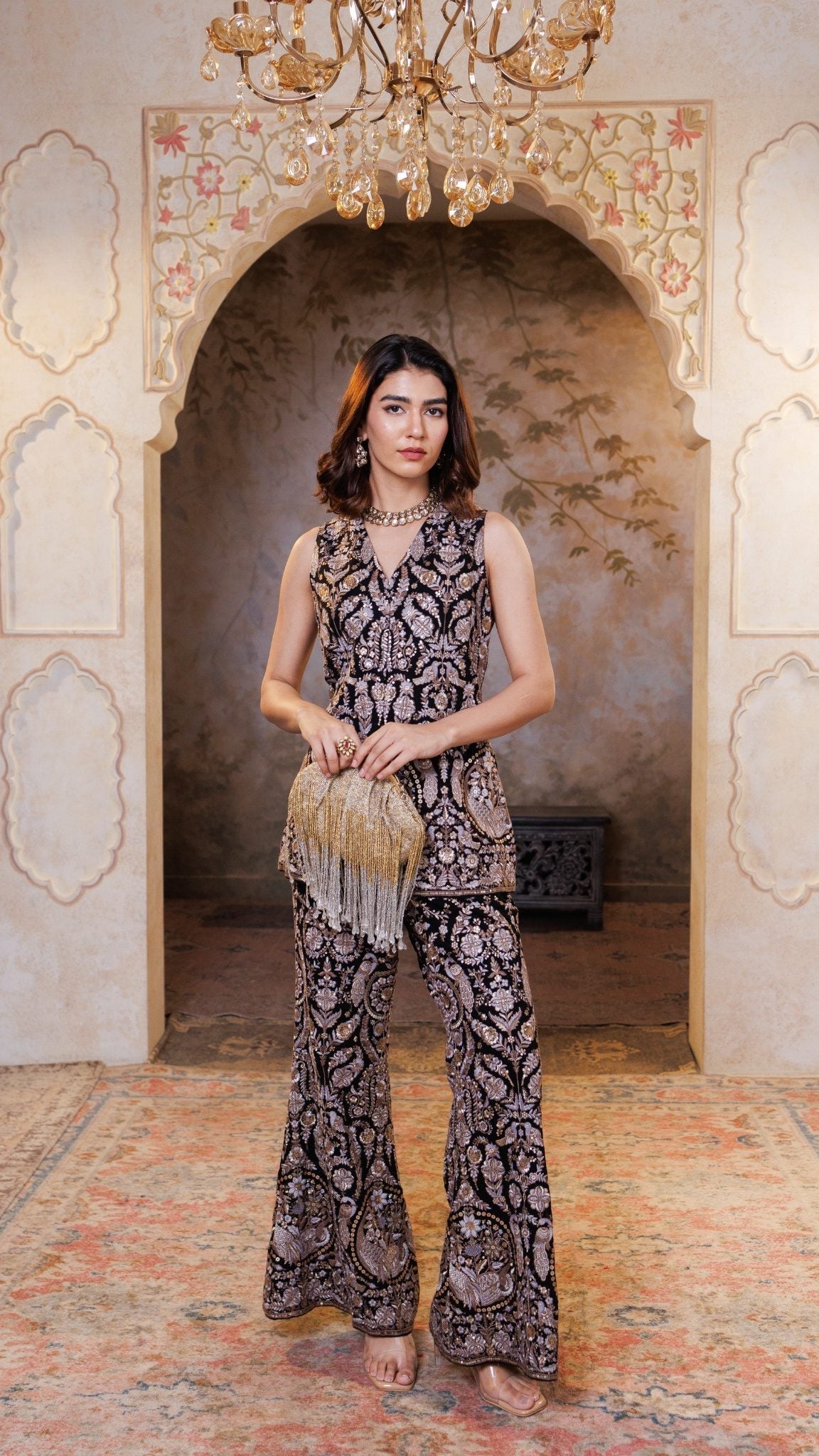 Black Adaa Sleeveless Embroidered Coord Set