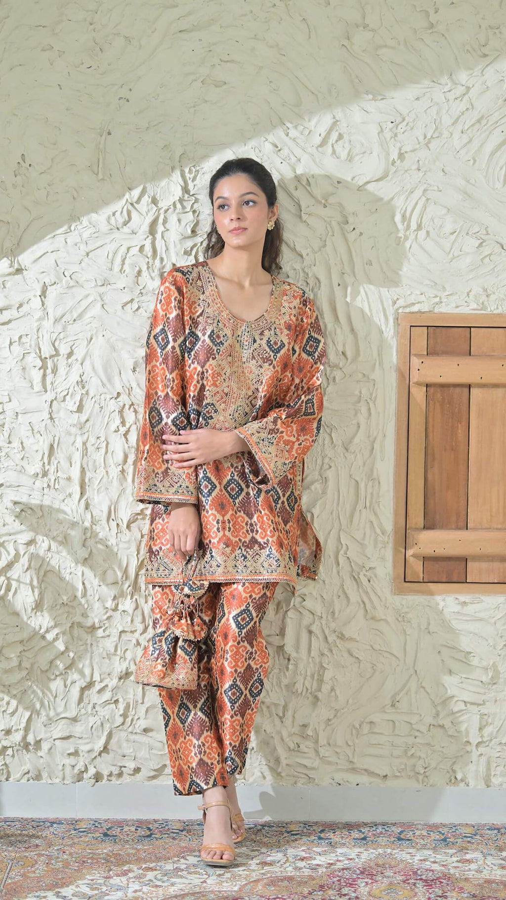 Beige Patola Embroidered Phiran Co-ord