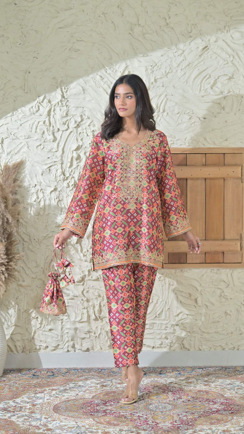 Maroon Patola Embroidered Phiran Co-ord