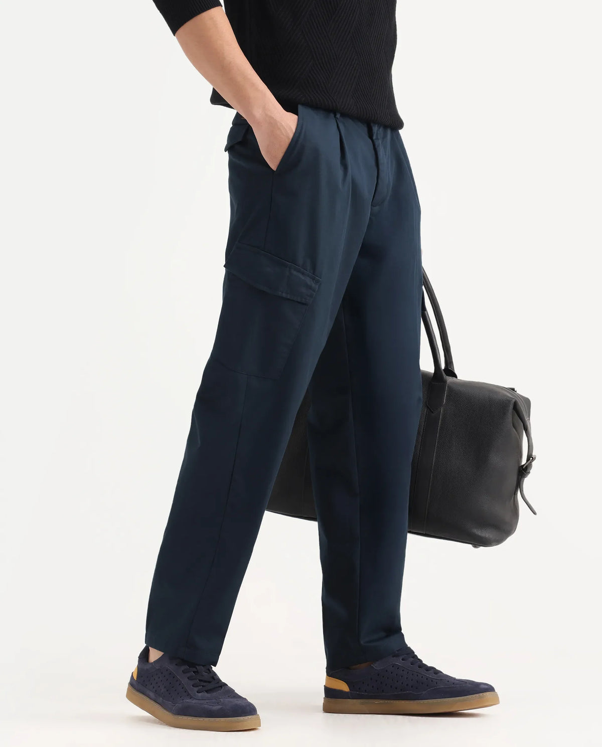 Rare Rabbit Men's Eber Navy Cotton Plain Regular Fit Trouser