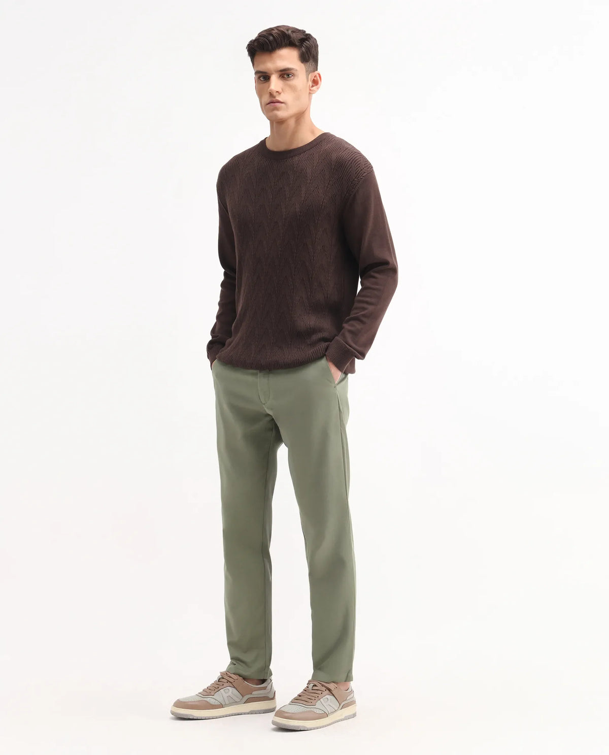 Rare Rabbit Men's Ebert Olive Cotton Plain Regular Fit Trouser