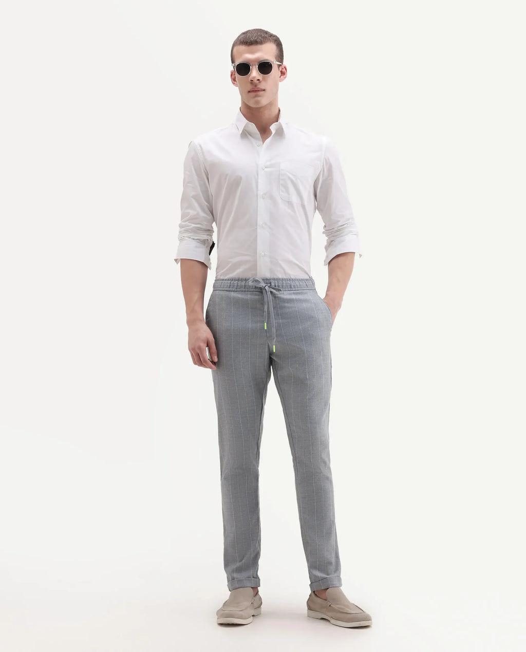 Rare Rabbit Men's Elms Grey Cotton Striped Print Regular Fit Trouser