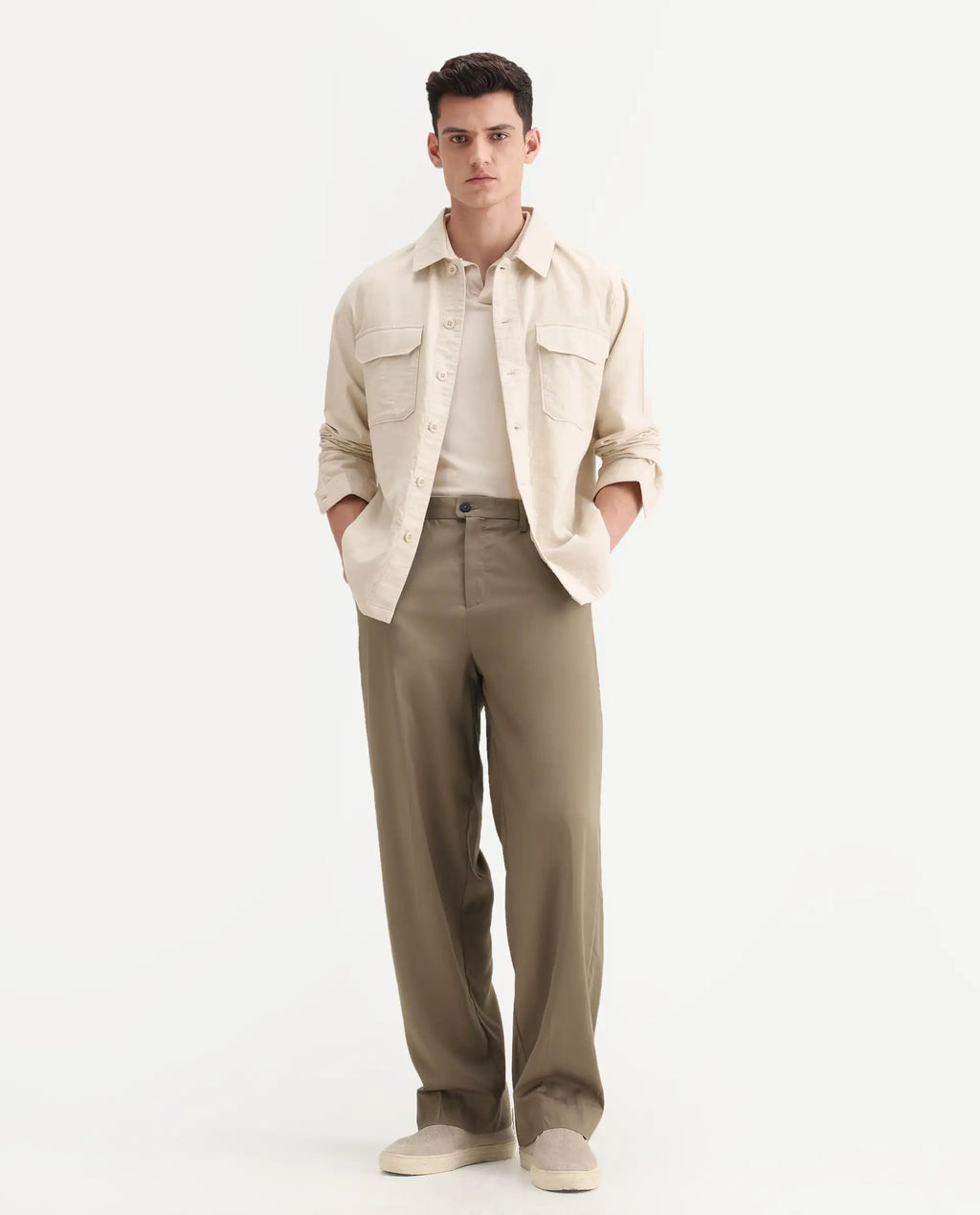 Rare Rabbit Men's Essot Khaki Excel Blend Plain Baggy Fit Trouser