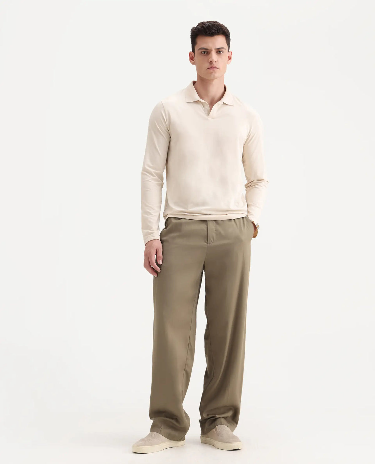 Rare Rabbit Men's Essot Khaki Excel Blend Plain Baggy Fit Trouser