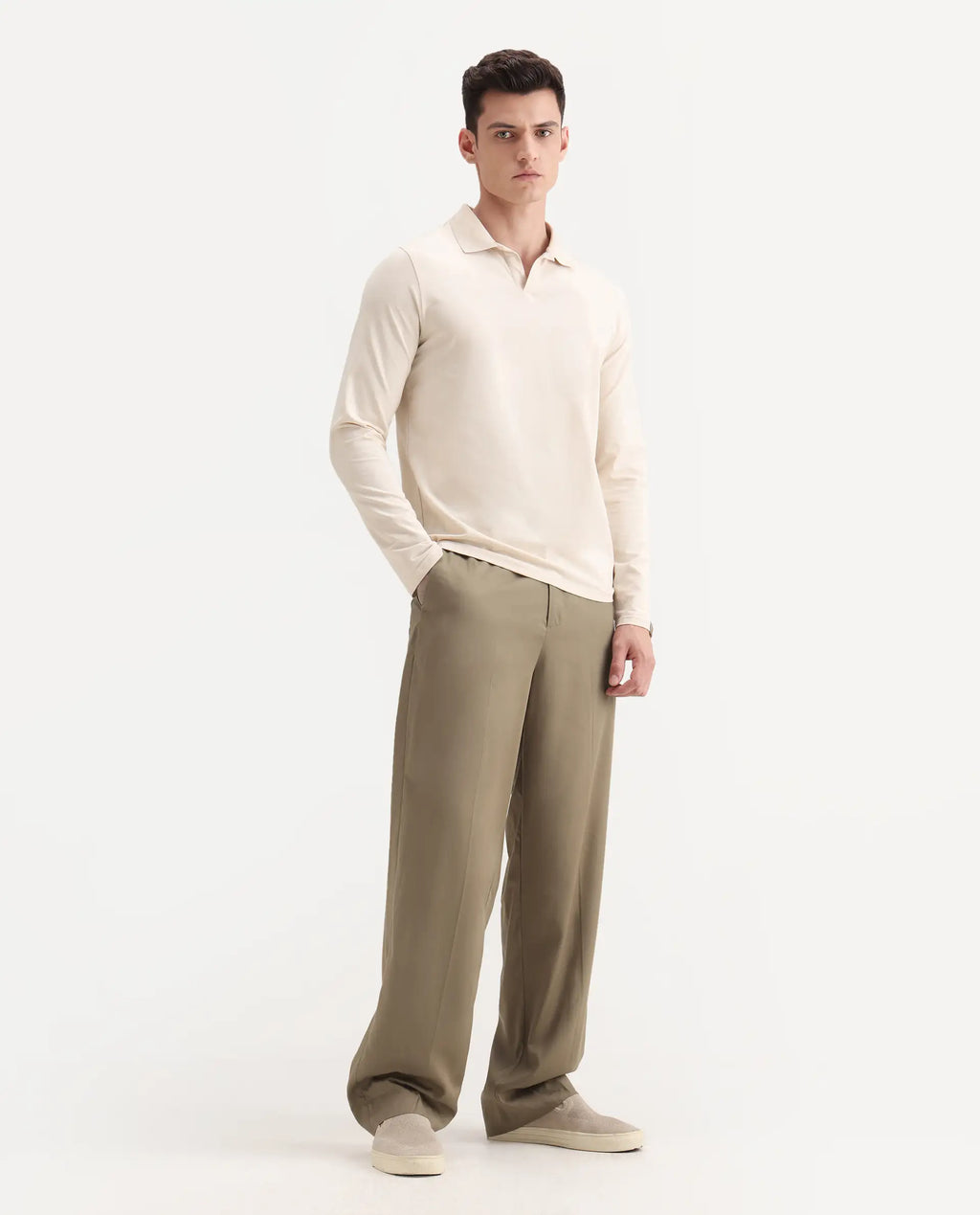 Rare Rabbit Men's Essot Khaki Excel Blend Plain Baggy Fit Trouser