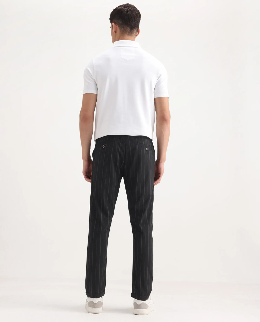 Rare Rabbit Men's Evita Black Polyester Blend Striped Print Regular Fit Trouser