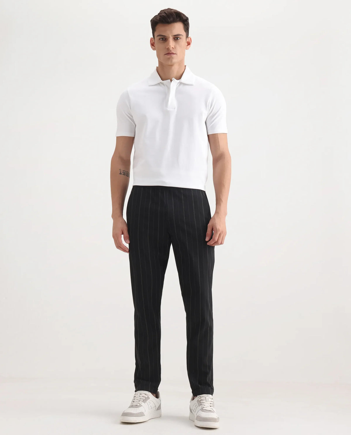 Rare Rabbit Men's Evita Black Polyester Blend Striped Print Regular Fit Trouser