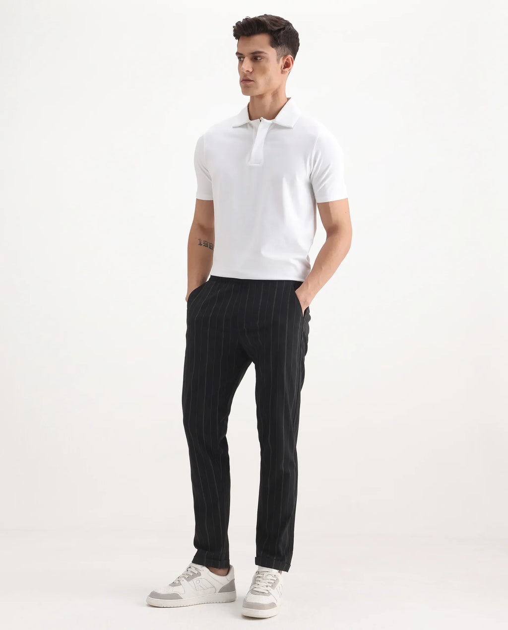 Rare Rabbit Men's Evita Black Polyester Blend Striped Print Regular Fit Trouser
