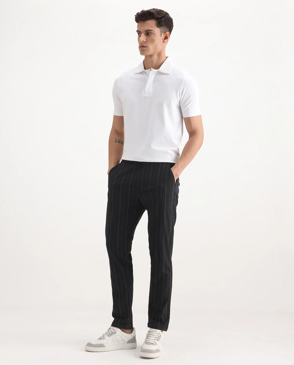 Rare Rabbit Men's Evita Black Polyester Blend Striped Print Regular Fit Trouser
