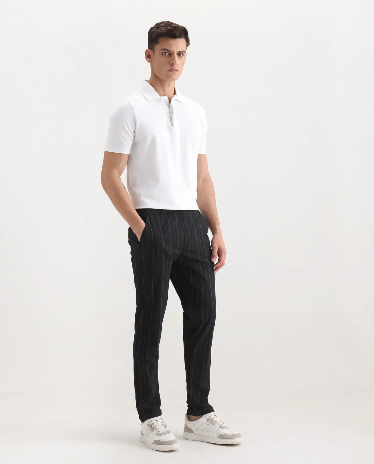 Rare Rabbit Men's Evita Black Polyester Blend Striped Print Regular Fit Trouser