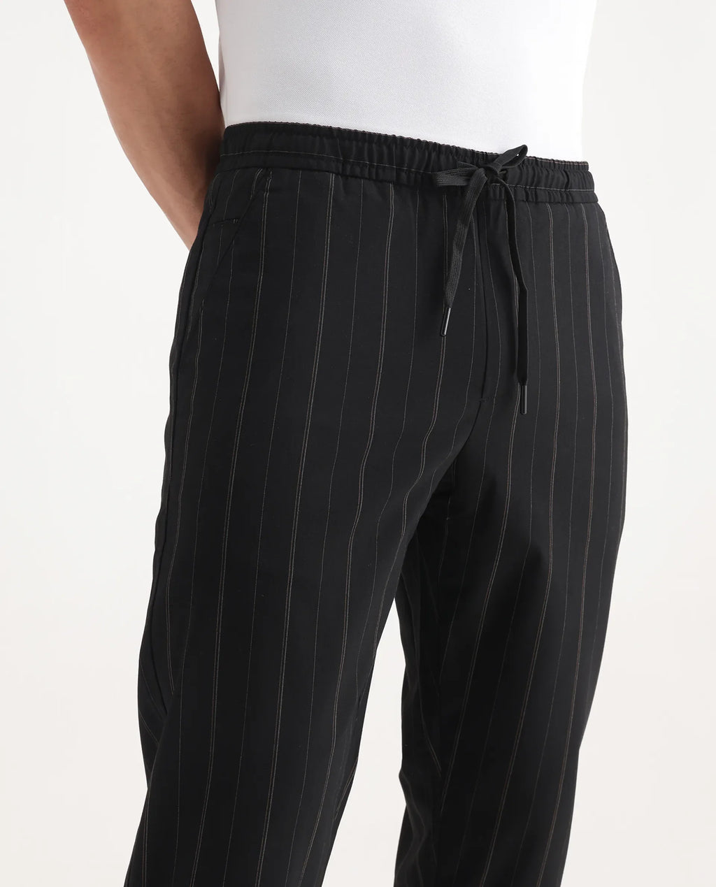 Rare Rabbit Men's Evita Black Polyester Blend Striped Print Regular Fit Trouser
