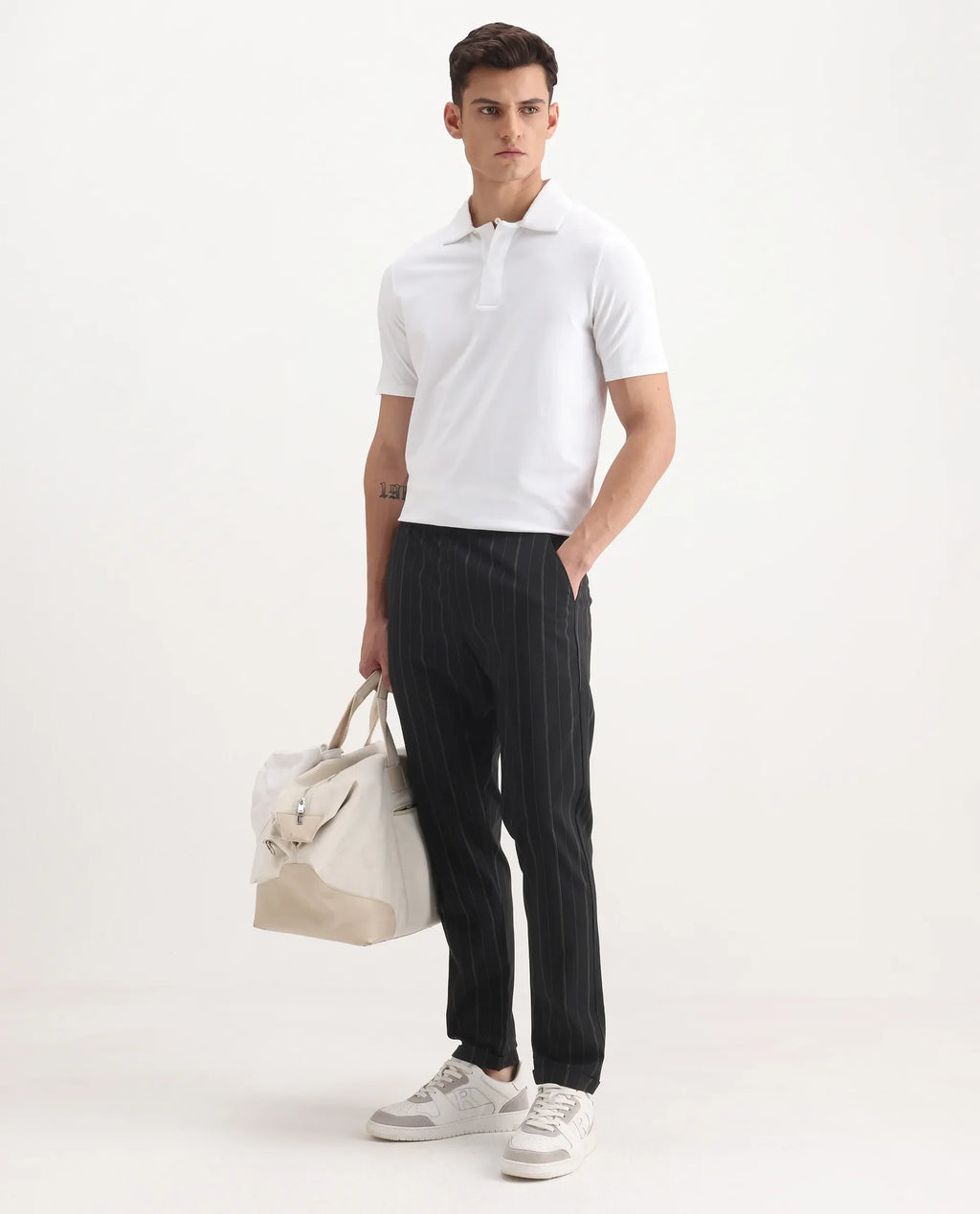 Rare Rabbit Men's Evita Black Polyester Blend Striped Print Regular Fit Trouser