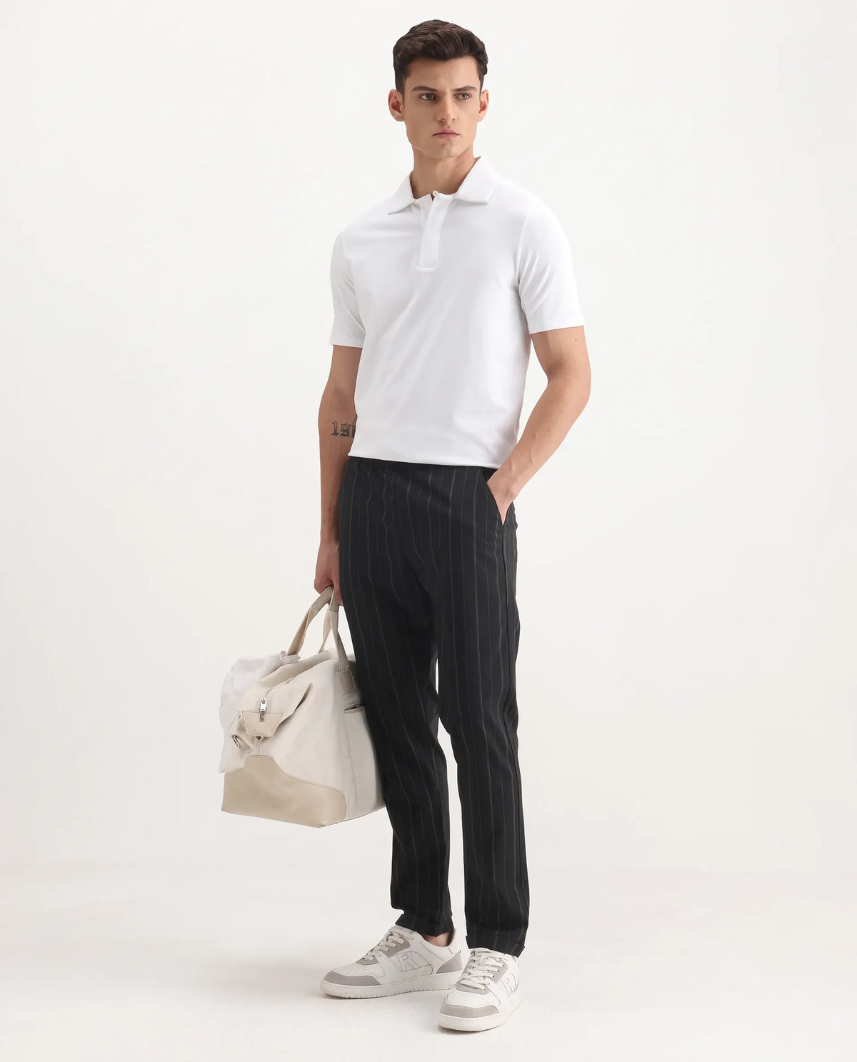 Rare Rabbit Men's Evita Black Polyester Blend Striped Print Regular Fit Trouser