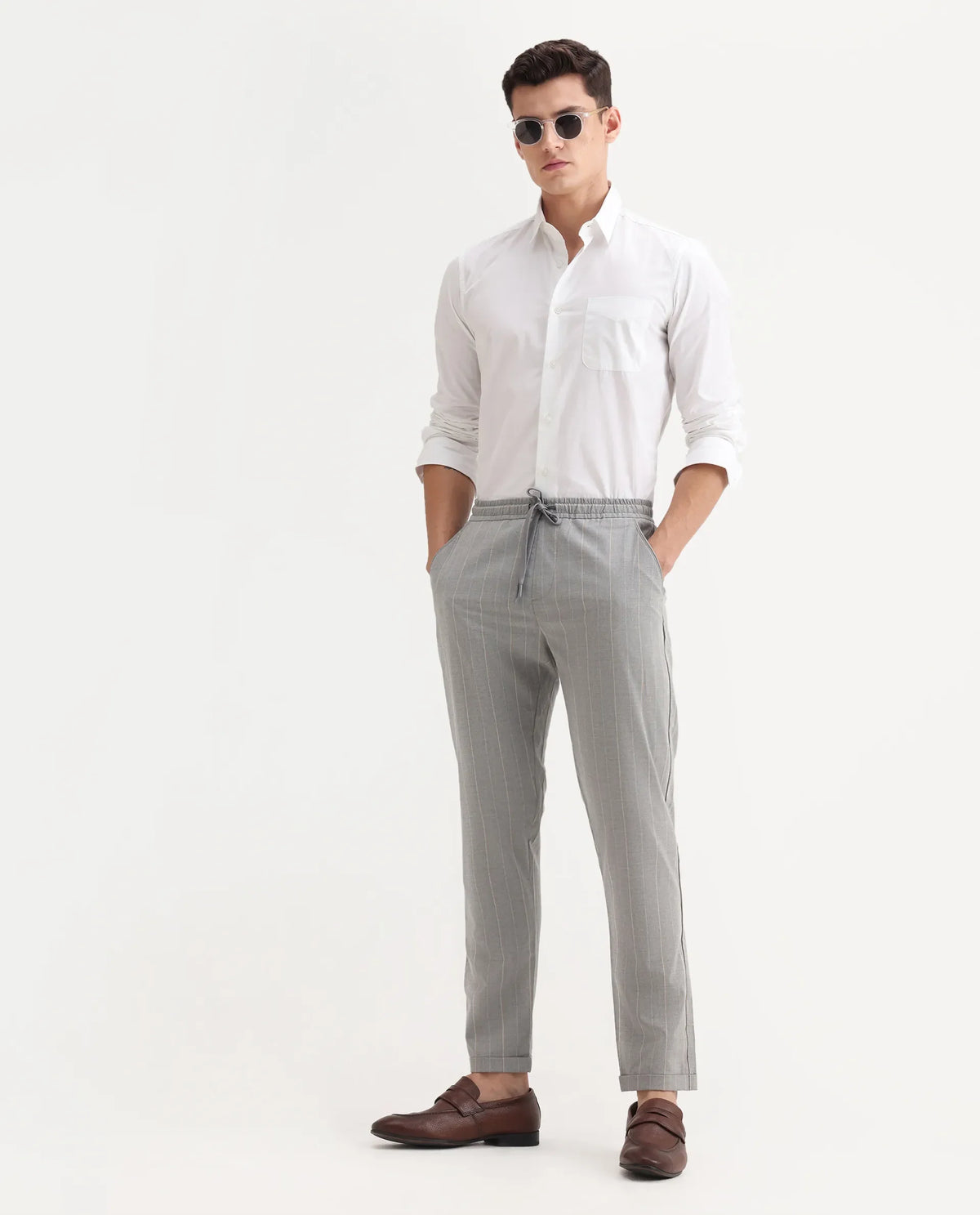 Rare Rabbit Men's Evita Grey Polyester Blend Striped Print Regular Fit Trouser