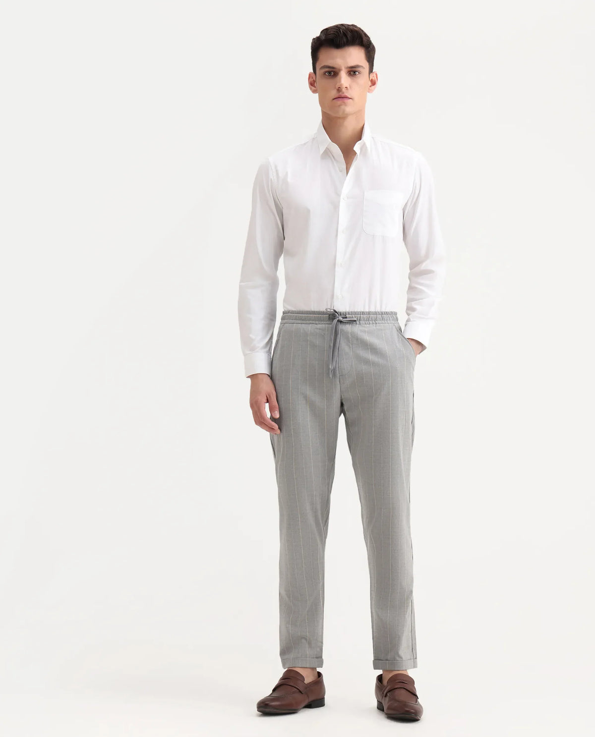 Rare Rabbit Men's Evita Grey Polyester Blend Striped Print Regular Fit Trouser
