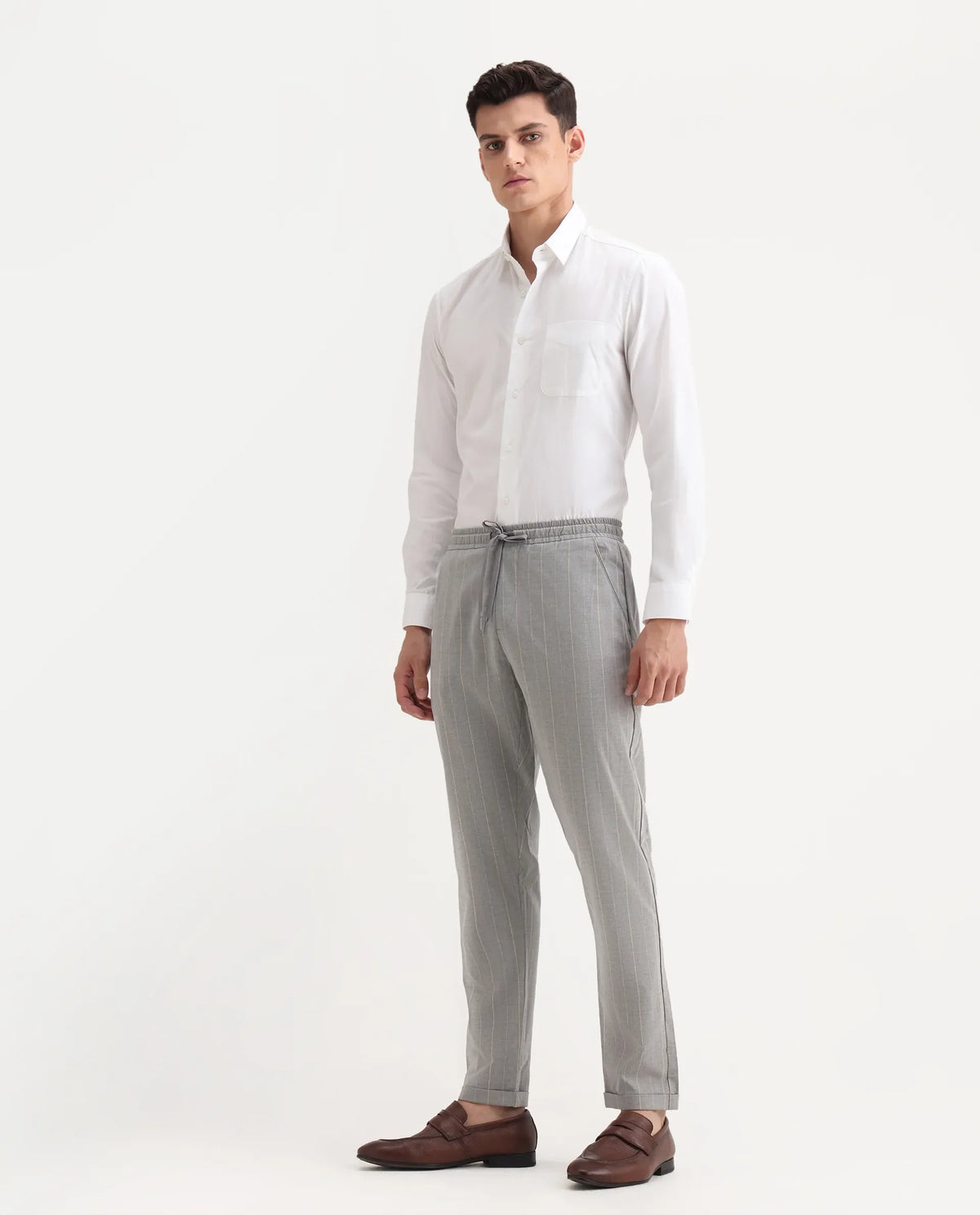 Rare Rabbit Men's Evita Grey Polyester Blend Striped Print Regular Fit Trouser