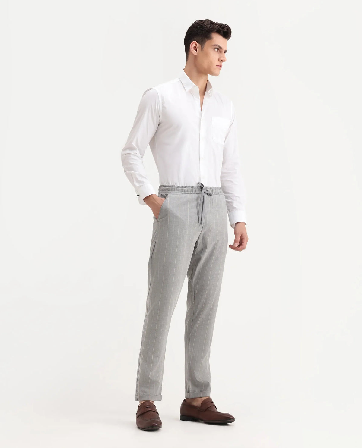 Rare Rabbit Men's Evita Grey Polyester Blend Striped Print Regular Fit Trouser