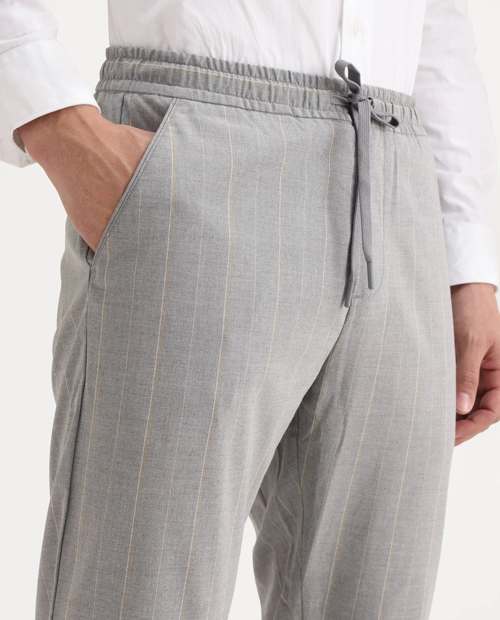 Rare Rabbit Men's Evita Grey Polyester Blend Striped Print Regular Fit Trouser