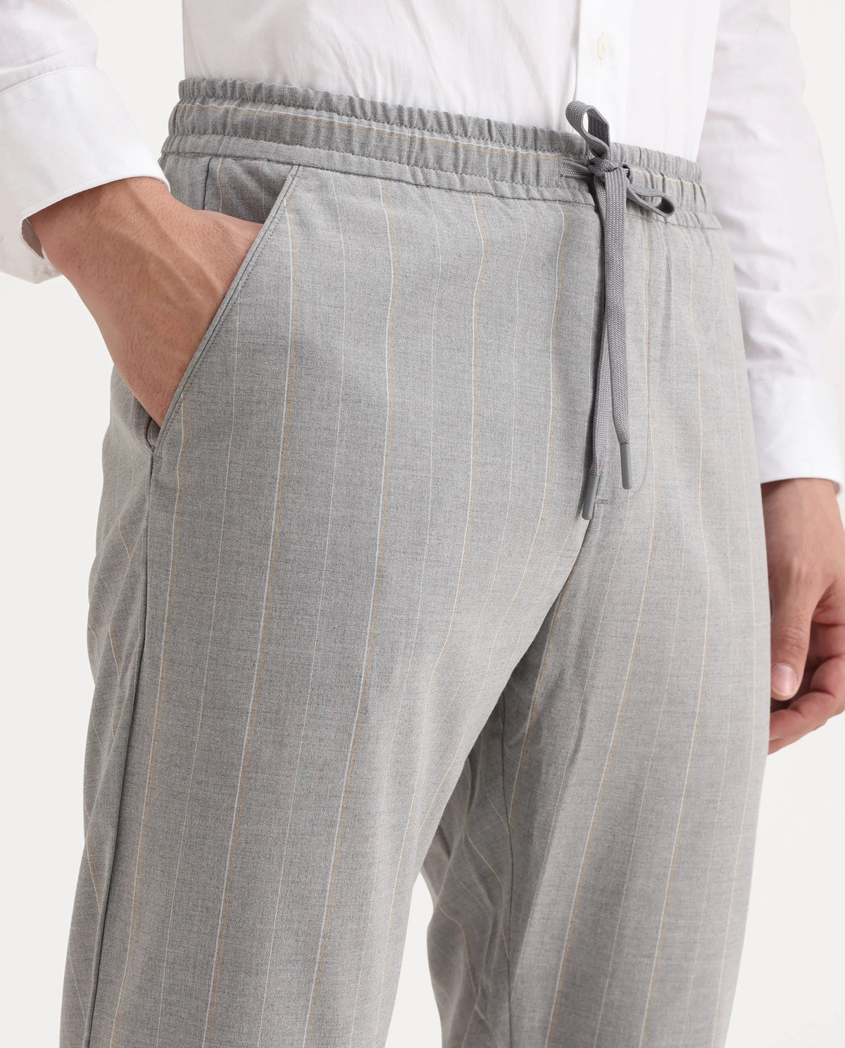 Rare Rabbit Men's Evita Grey Polyester Blend Striped Print Regular Fit Trouser