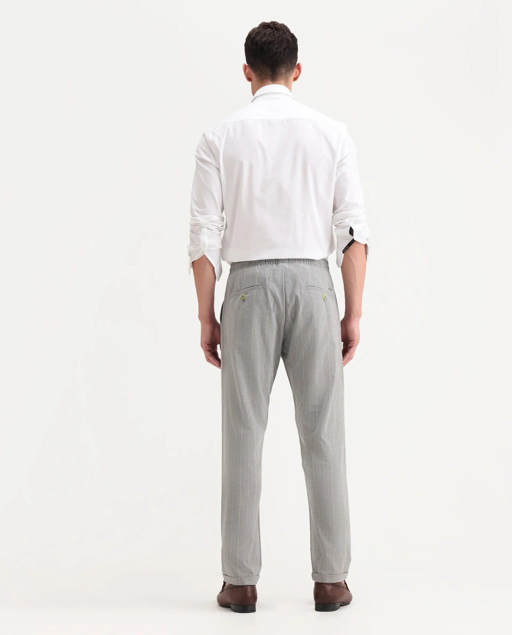 Rare Rabbit Men's Evita Grey Polyester Blend Striped Print Regular Fit Trouser