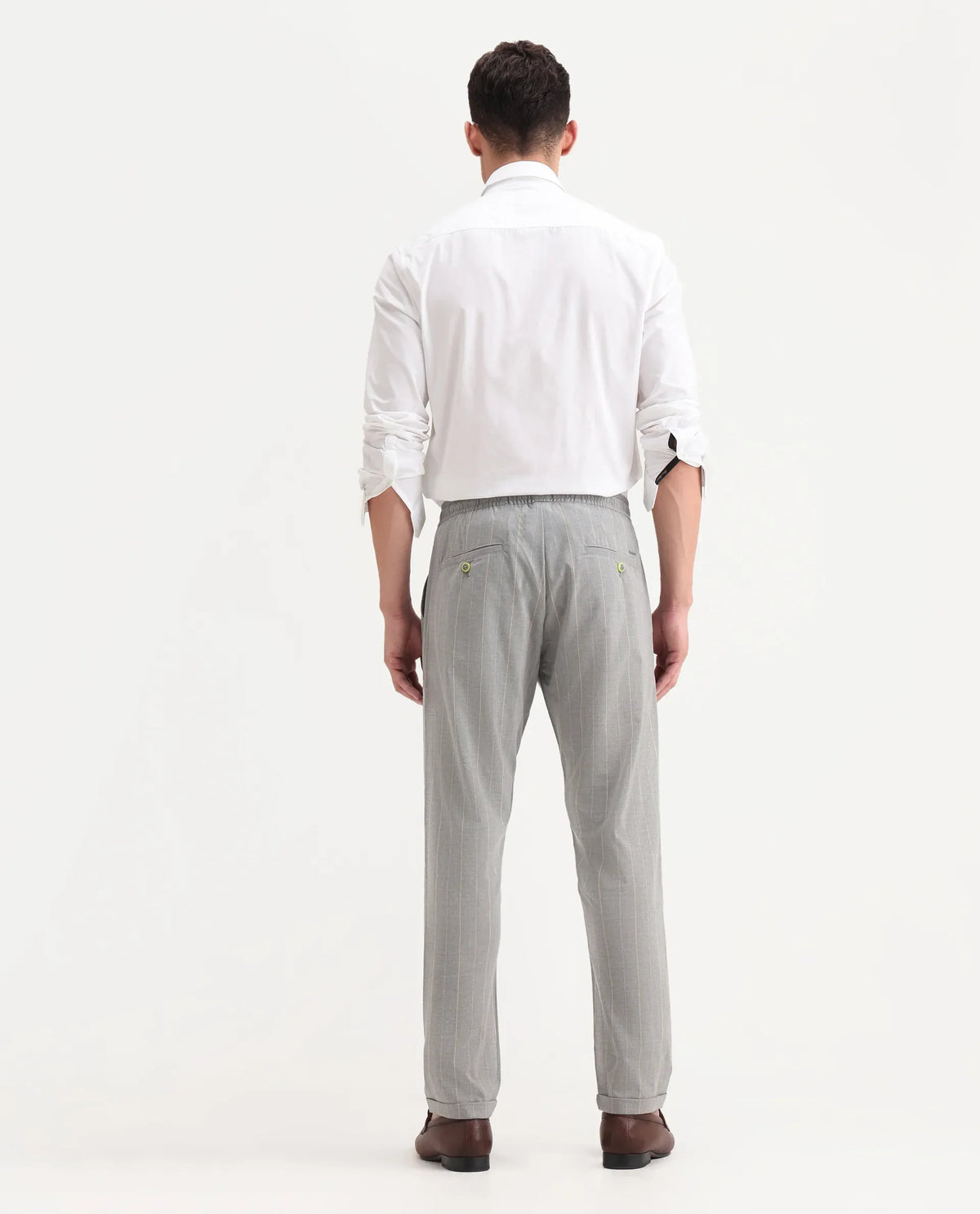 Rare Rabbit Men's Evita Grey Polyester Blend Striped Print Regular Fit Trouser