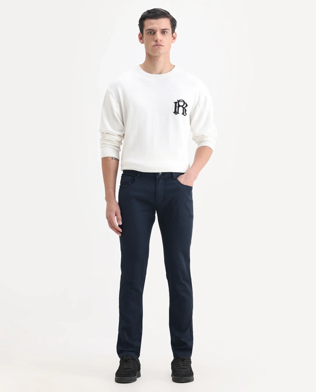 Rare Rabbit Men's Expore Navy Linen Blend Plain Regular Fit Trouser