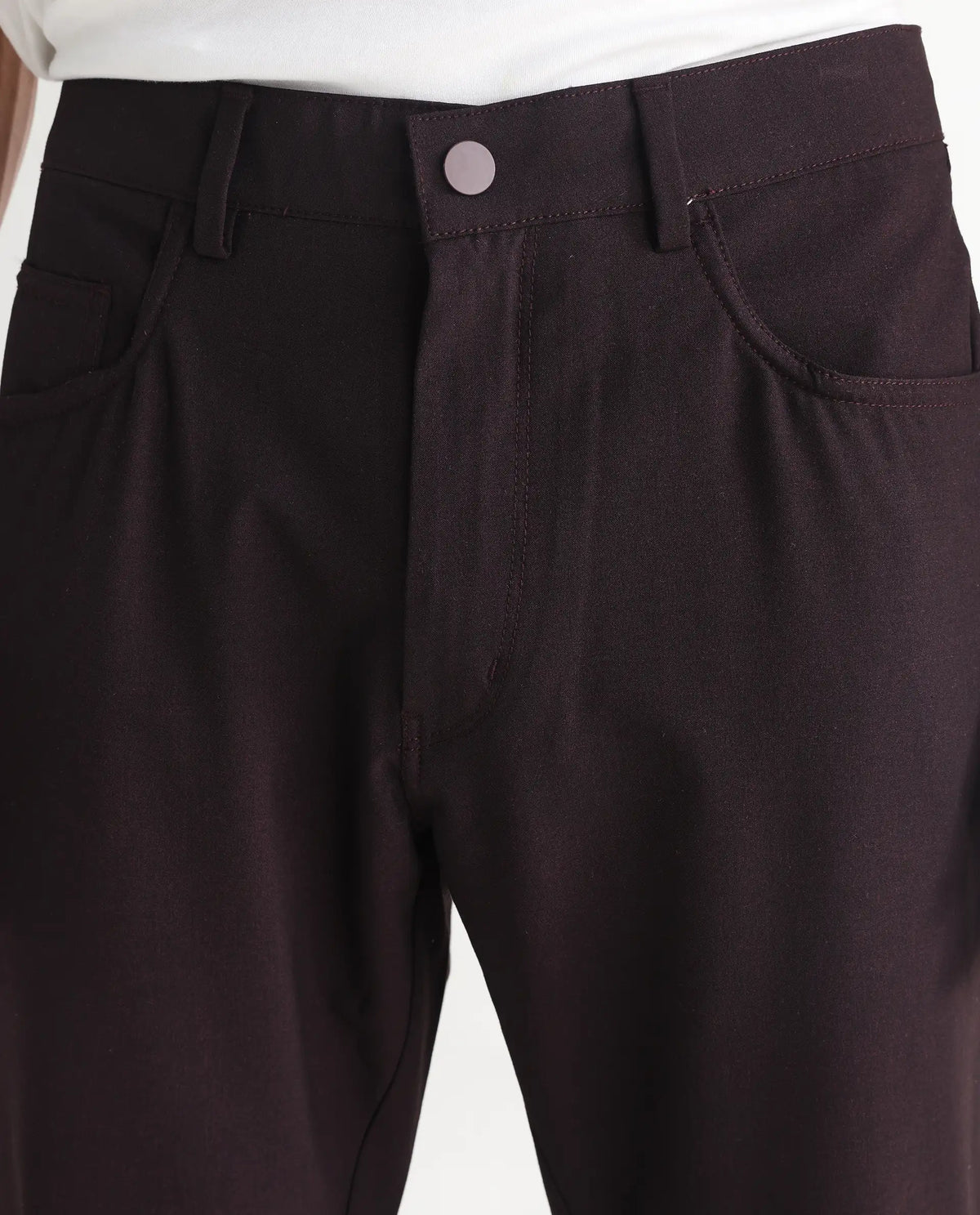 Rare Rabbit Men's Fastro Dark Maroon Polyester Blend Plain Regular Fit Trouser