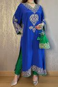 Blue Crepe Kashmiri-Phiran Kurta with blue Churidar and Matching Potli - Express Delivery