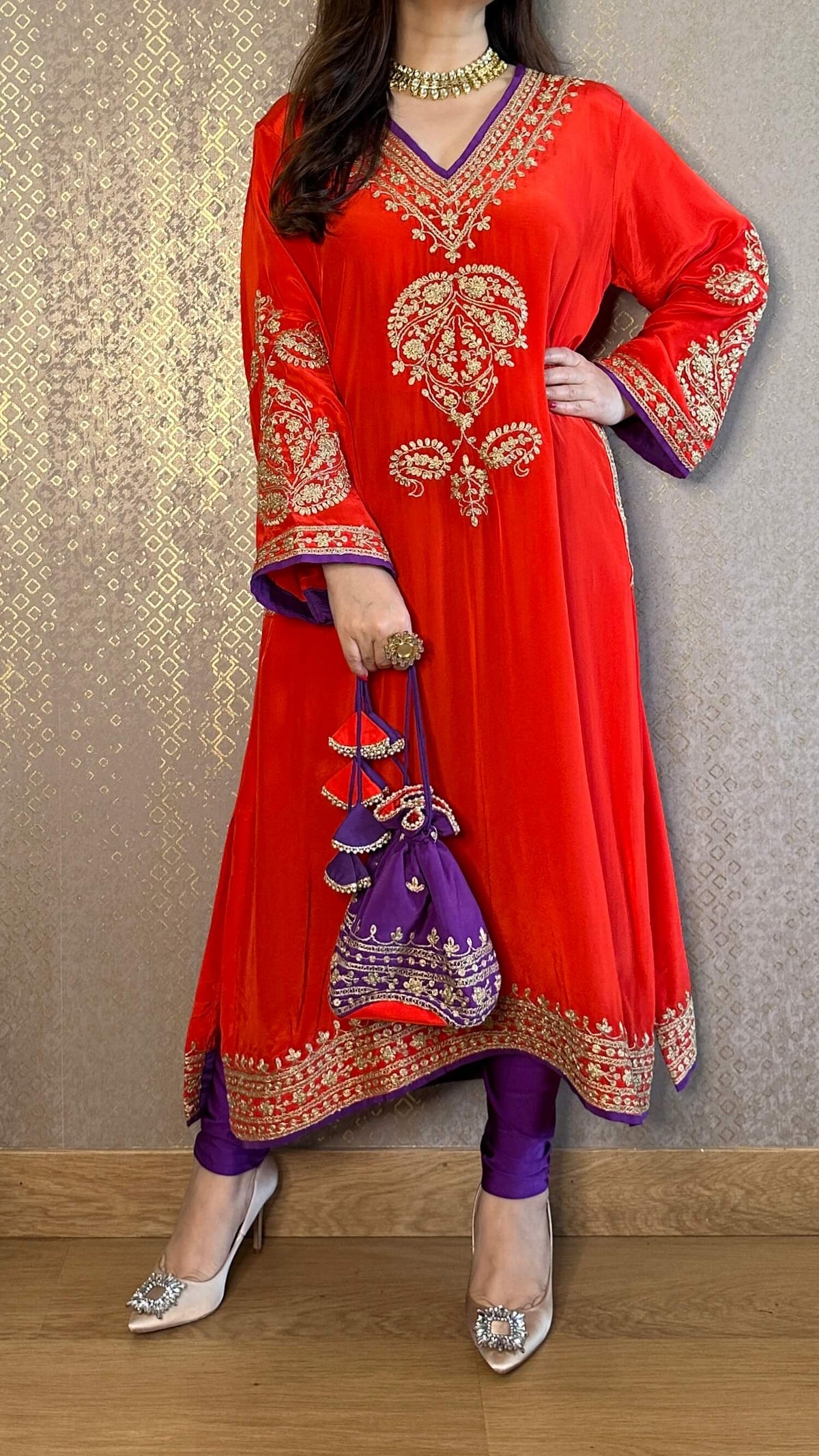 Red Crepe Kashmiri-Phiran Kurta with Churidar and Matching Potli - Express Delivery
