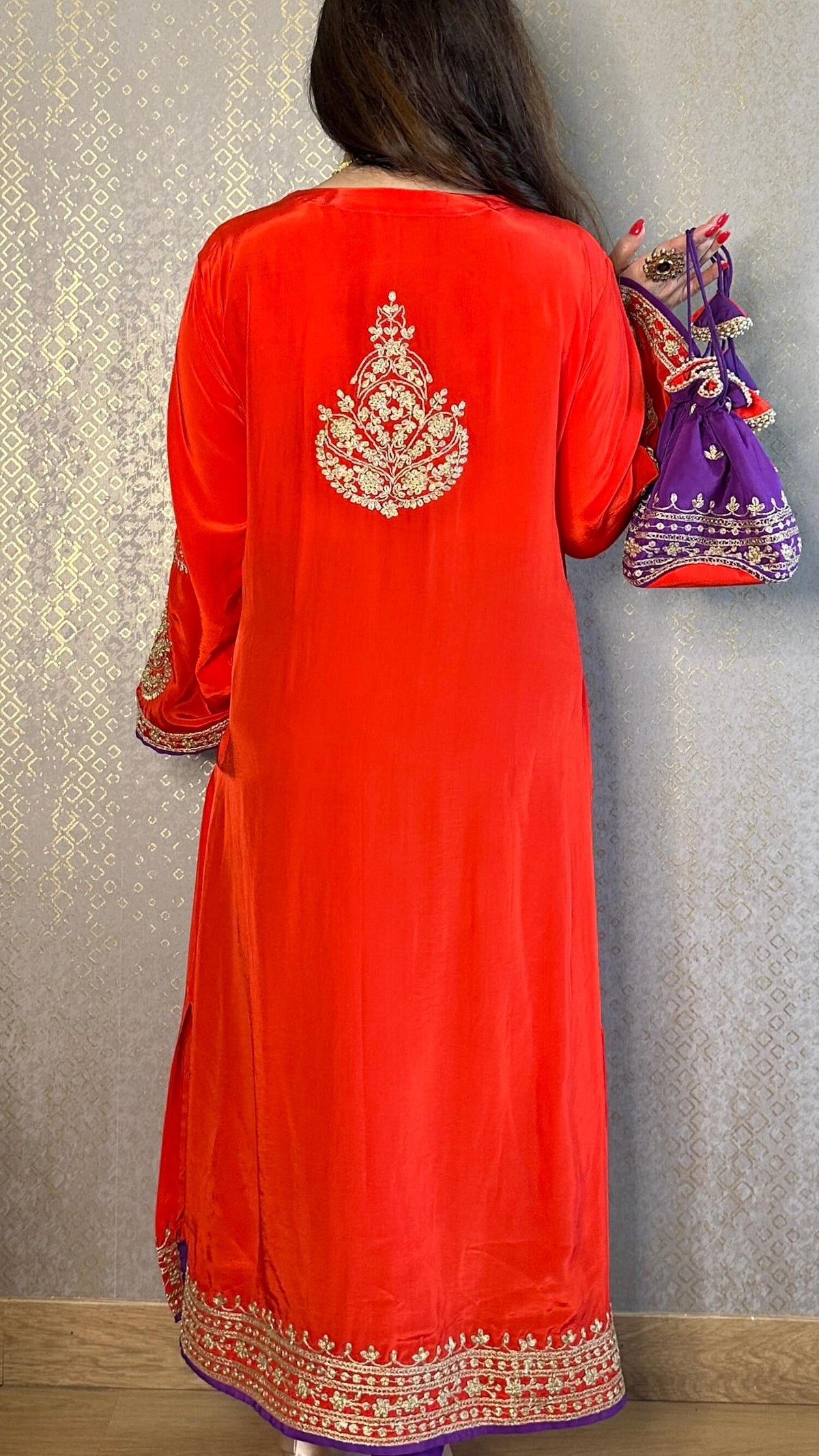 Red Crepe Kashmiri-Phiran Kurta with Churidar and Matching Potli - Express Delivery