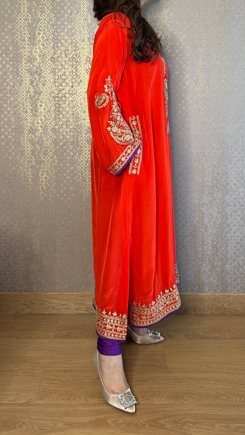 Red Crepe Kashmiri-Phiran Kurta with Churidar and Matching Potli - Express Delivery