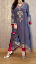 Grey Crepe Kashmiri-Phiran Kurta with Churidar and Matching Potli - Express Delivery