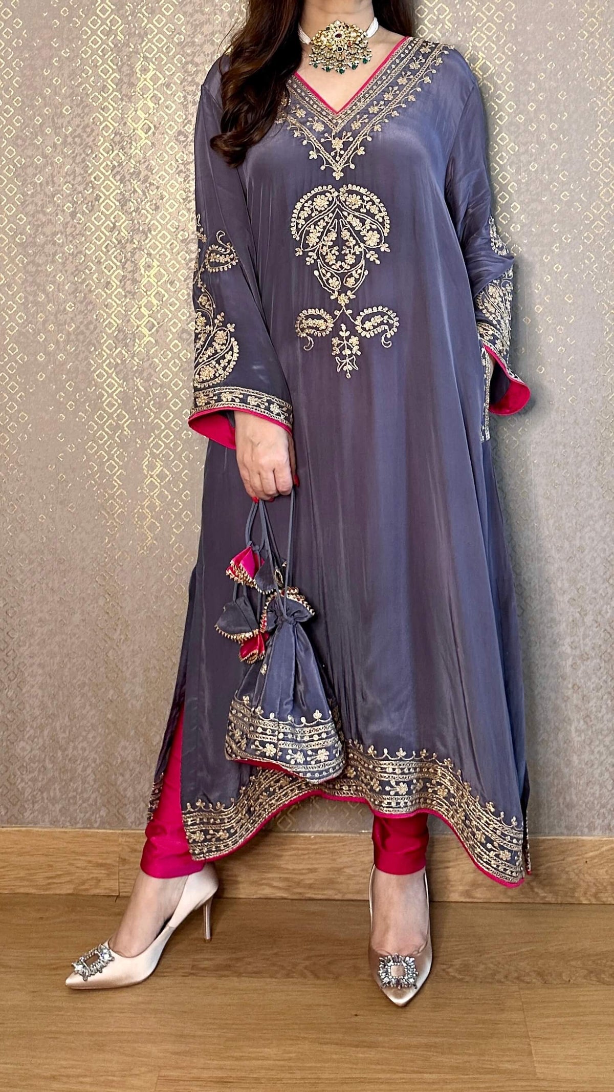 Grey Crepe Kashmiri-Phiran Kurta with Churidar and Matching Potli - Express Delivery