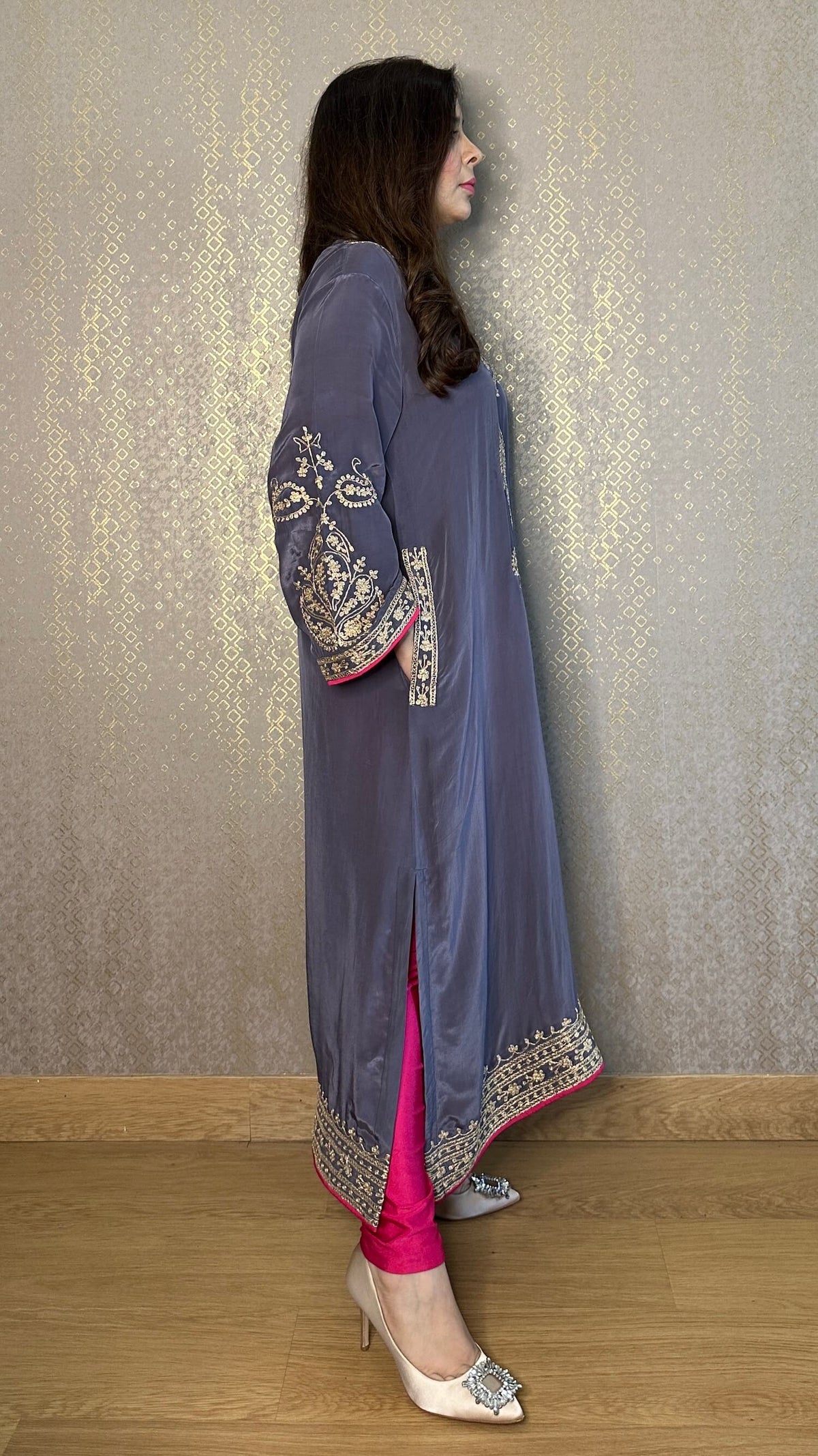 Grey Crepe Kashmiri-Phiran Kurta with Churidar and Matching Potli - Express Delivery
