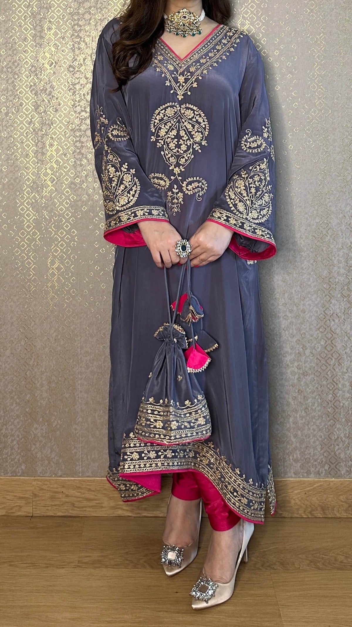 Grey Crepe Kashmiri-Phiran Kurta with Churidar and Matching Potli - Express Delivery