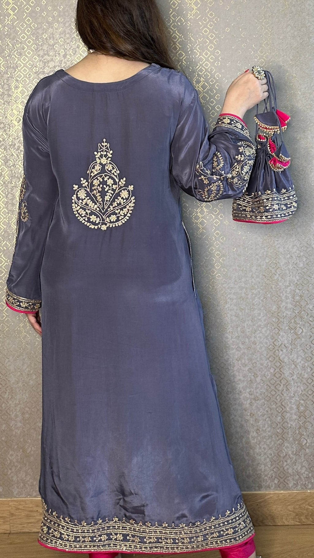 Grey Crepe Kashmiri-Phiran Kurta with Churidar and Matching Potli - Express Delivery