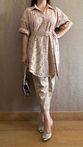Mocha Cotton Chikankari Co-ord Set with Belt