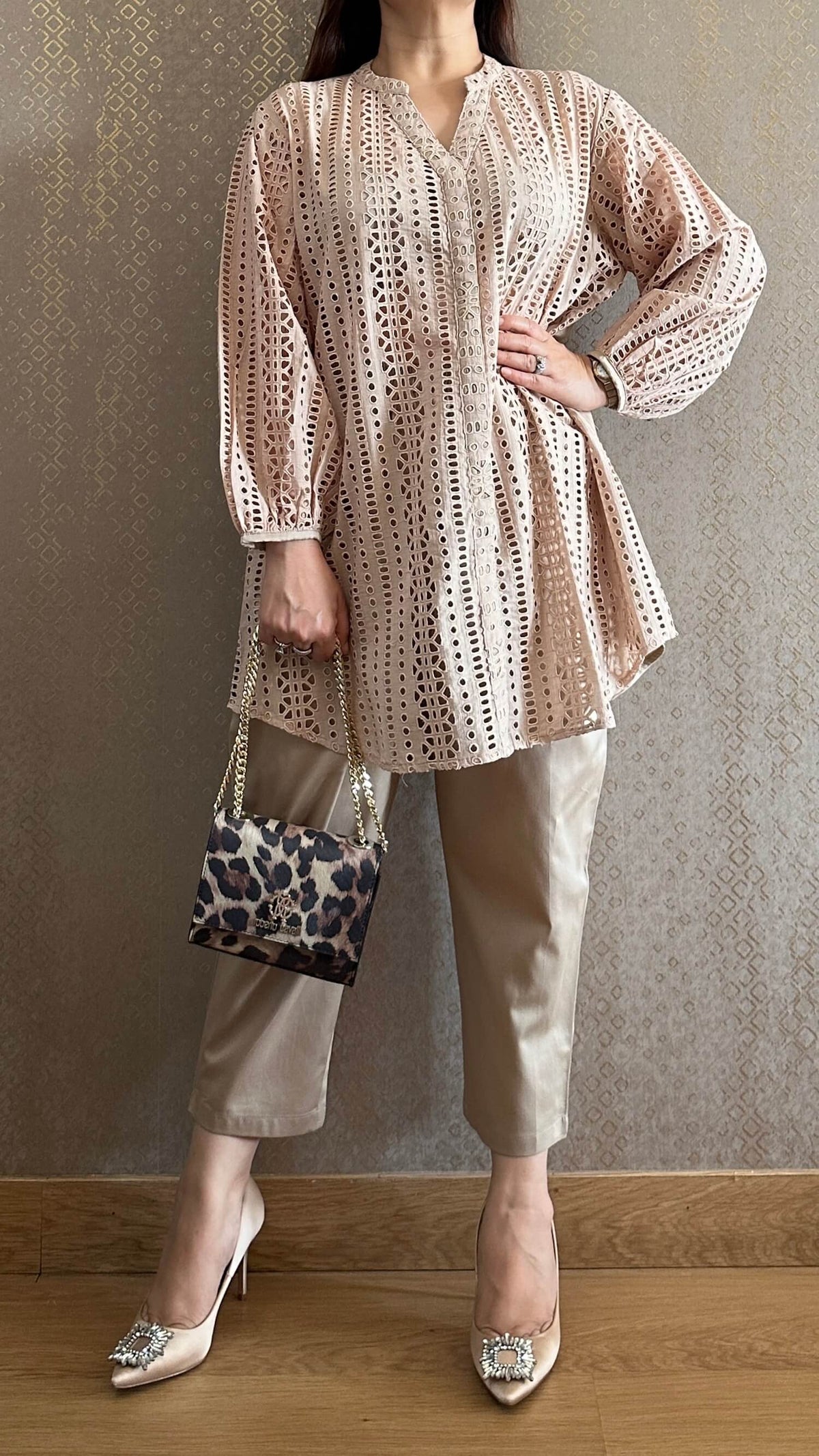 Coffee Cotton Cutwork Co-ord Set