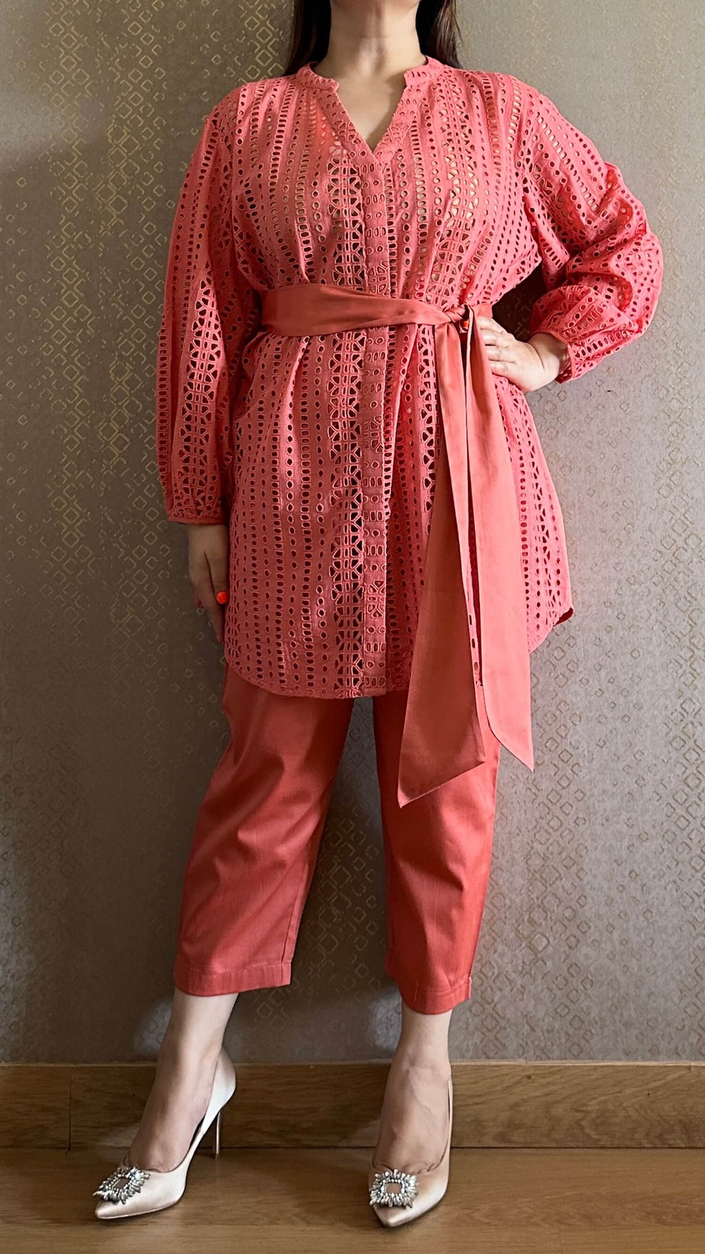 Salmon Cotton Cutwork Co-ord Set