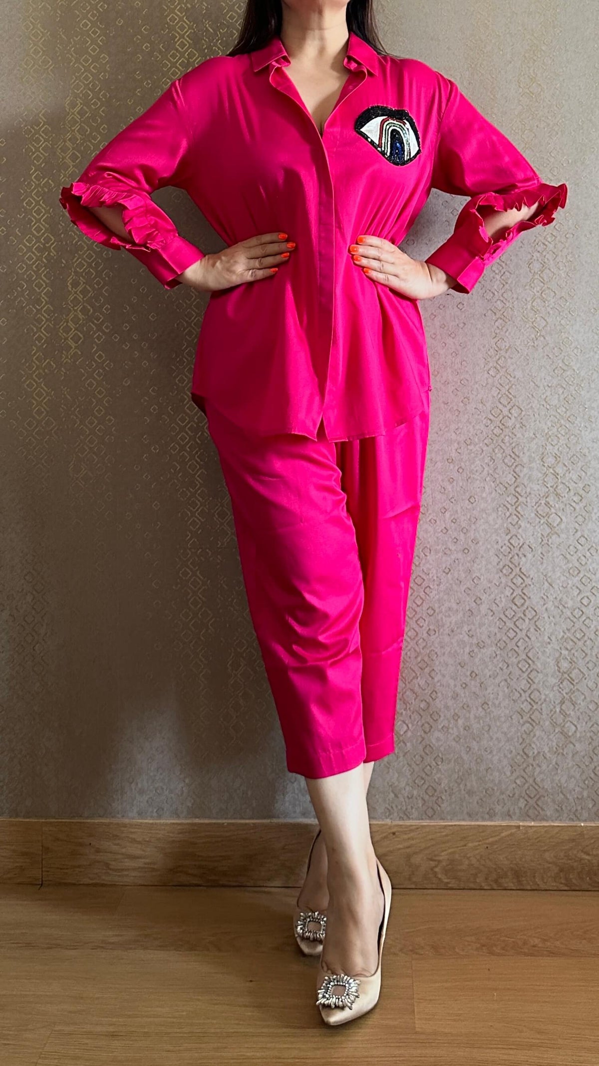 Candy Pink Evil Eye Hand Embroidered Co-ord Set
